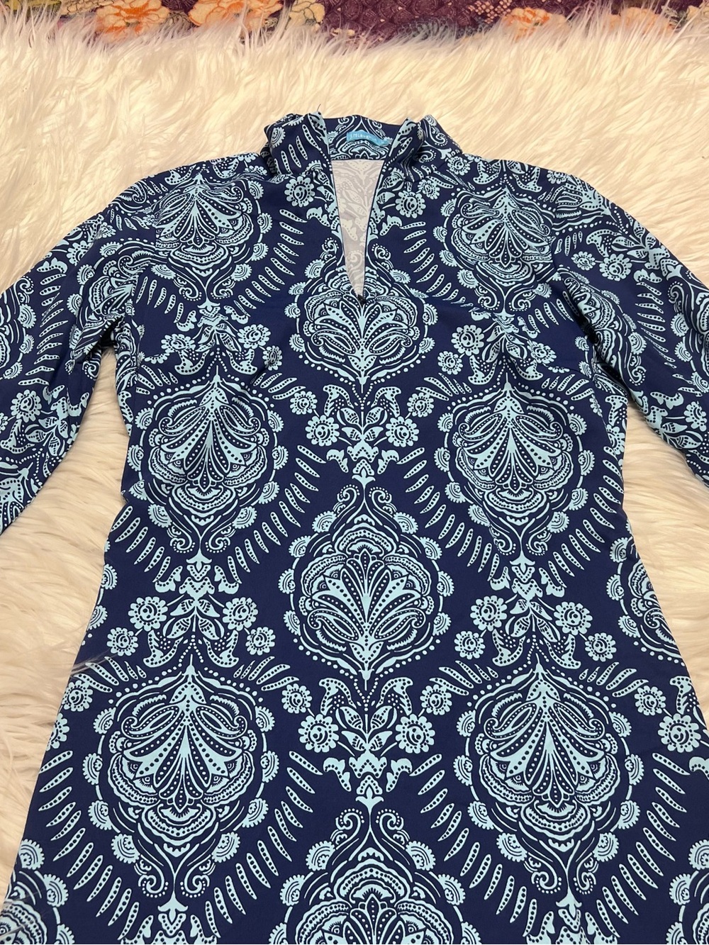 J. McLaughlin Navy and Light Blue Medallion Long Sleeve Dress - Picture 2 of 6